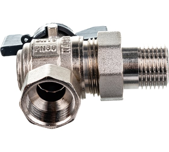 Шаровый угловой кран с полусгоном с угловой американкой AQUALINK 1/2" бант ИС.080046
