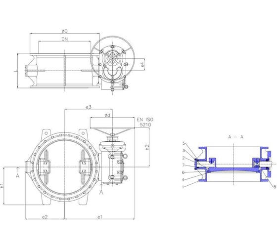 Поворотный двухэксцентриковый затвор DYARM -ZPD-R-1000-25-G-G-E/N-ISO, DN1000, PN25, фланц./корпус GGG40/диск GGG40/уплотнение EPDM/AISI304, редуктор ISO фланец 4687203186746