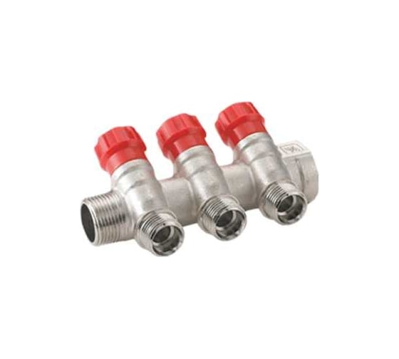 Коллектор RIIFO Flow с вентилями 3/4" ВР/НР 3x1/2"НР конус ц/ц 35 мм красные рукоятки 1100047706