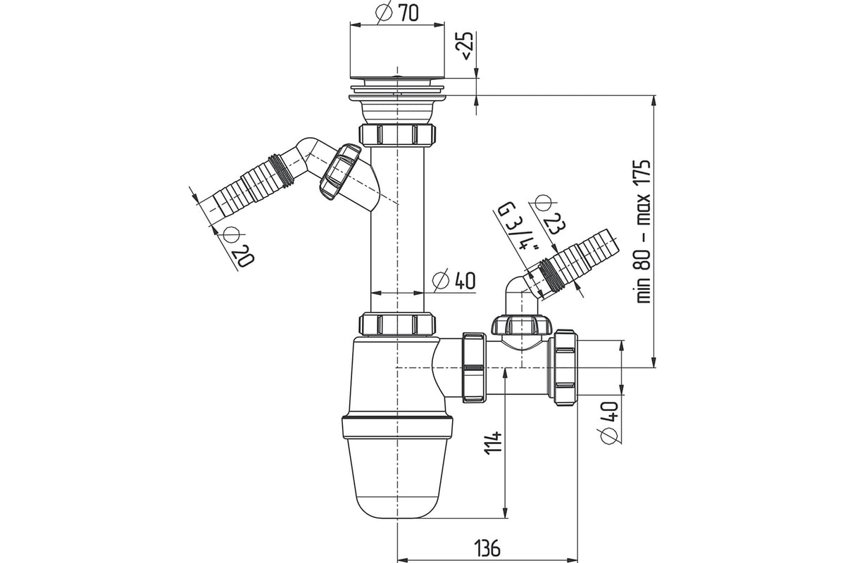 Сифон для кухни 1 1/2\" х 40 мм с двумя отводами для стиральных машин ...