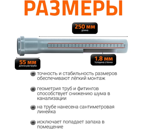 Труба однораструбная канализационная HTEM 40х250 Ostendorf 111010
