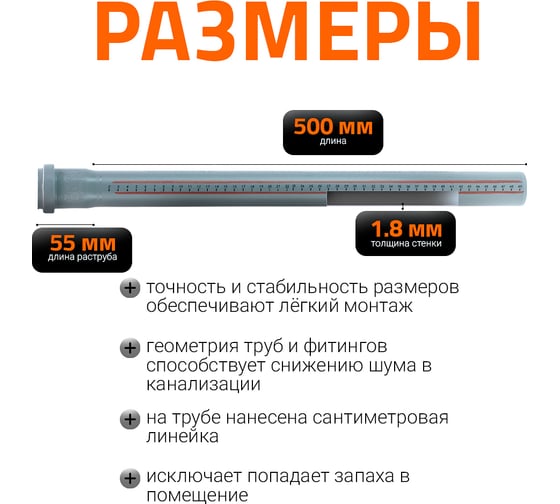 Труба однораструбная канализационная HTEM 40х500 Ostendorf 111020