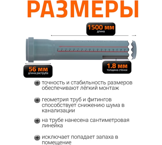 Труба однораструбная канализационная HTEM 50х1500 Ostendorf 112050