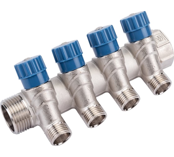 Коллектор с вентилем Valtec 4 выхода х 1х 1/2 НР, никель VTc.560.N.0604 38489