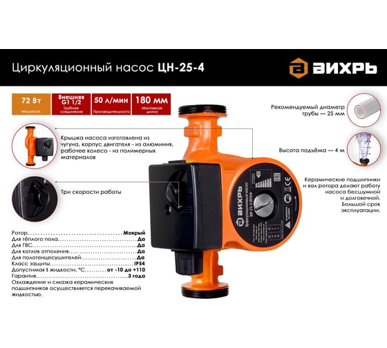 Циркуляционный насос Вихрь ЦН-25-4 68/7/1