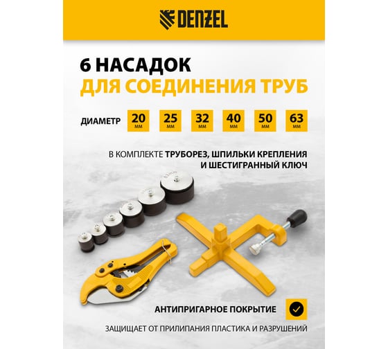Аппарат для сварки пластиковых труб Denzel DWP-1500 1500Вт, 260-300 град. компл насадок, 20-63 мм 94205