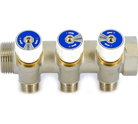 Коллектор НВ 3/4 3х1/2 Н под плоскую прокладку 40мм, никелированный с вентилями Uni-Fitt 401N3230