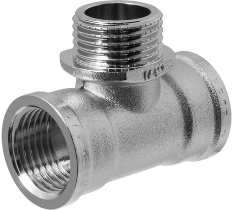 Тройник сантехнический с ограничителем MPF 1/2" латунный никелированный внутренняя-наружная-внутренняя резьба ИС.072225