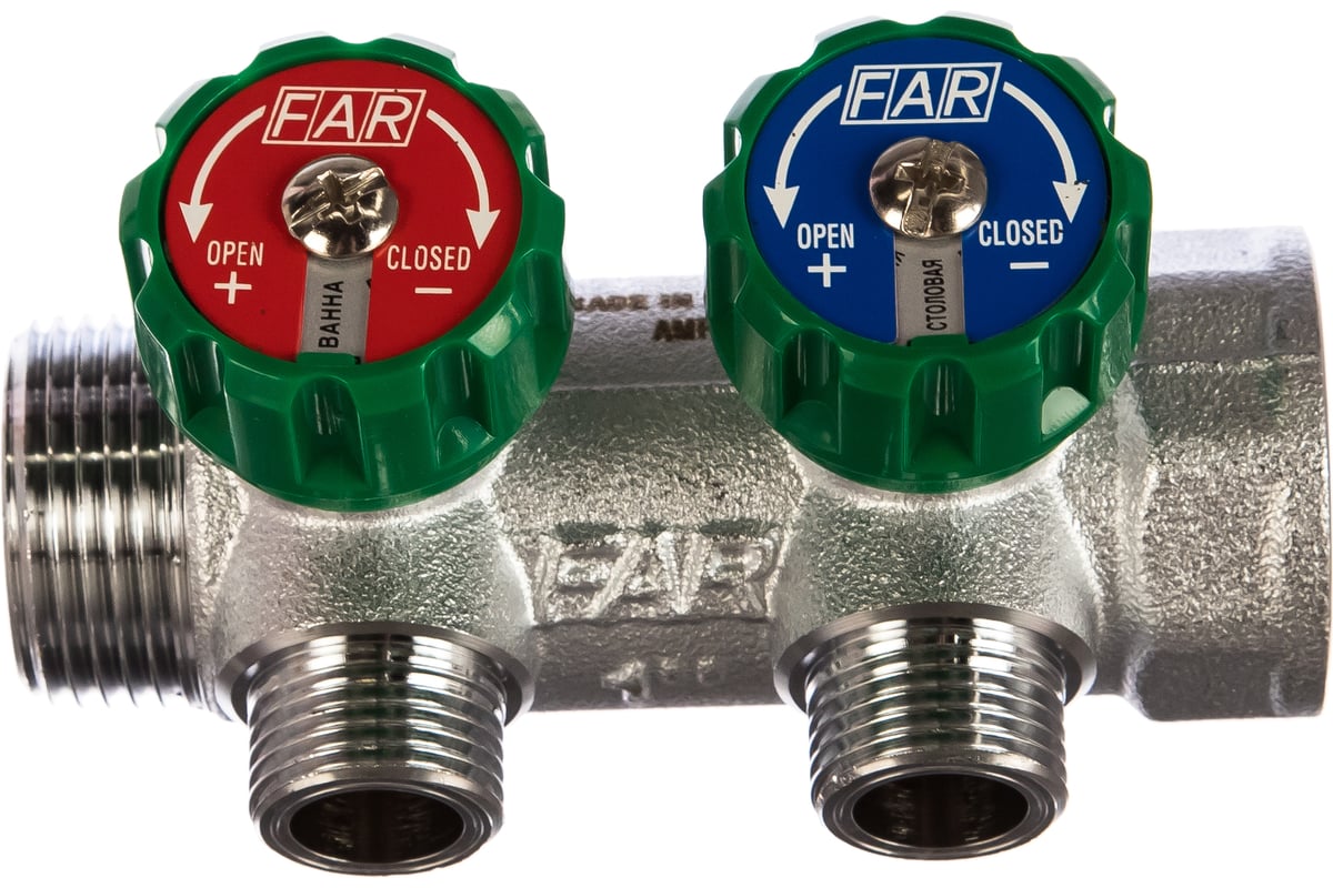 Регулирующий коллектор FAR 1\" ВР-НР с 2 отв. 1/2\" НР межосев. 45 мм ...