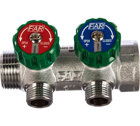 Регулирующий коллектор FAR 1" ВР-НР с 2 отв. 1/2" НР межосев. 45 мм, плск.упл. FK 3821 112TP