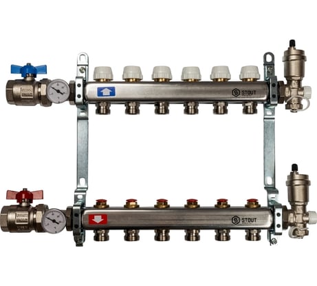 Коллектор из нержавеющей стали в сборе без расходомеров STOUT 6 выходов SMS 0912 000006