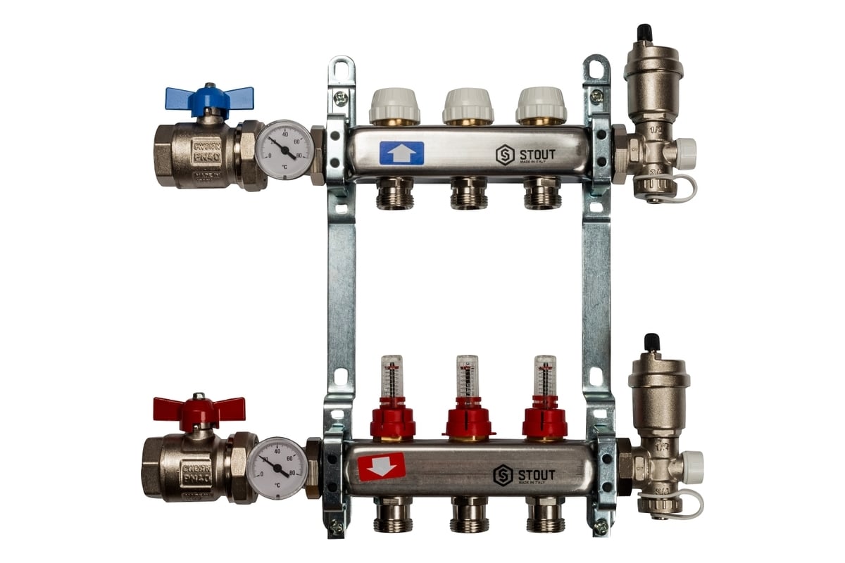 Коллектор из нержавеющей стали в сборе с расходомерами STOUT 3 выхода SMS  0907 000003 - выгодная цена, отзывы, характеристики, 1 видео, фото - купить  в Москве и РФ