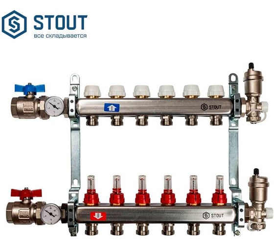 Коллектор из нержавеющей стали в сборе с расходомерами STOUT 6 выходов SMS 0907 000006 1