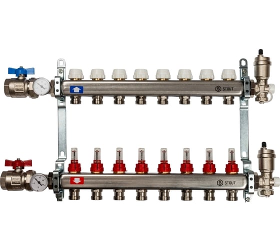 Коллектор из нержавеющей стали в сборе с расходомерами STOUT 8 выходов SMS 0907 000008 - выгодная цена, отзывы, характеристики, 1 видео, фото - купить в Москве и РФ