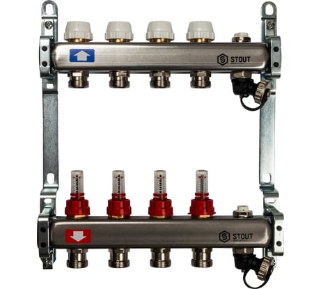 Коллектор из нержавеющей стали с расходомерами, с клапаном вып. воздуха и сливом 4 вых. STOUT SMS-0927-000004