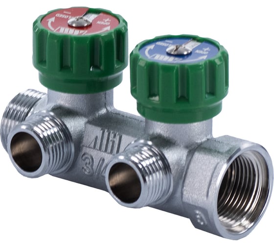 Регулируемый коллектор Millennium 2 выхода 3/4"×1/2" с внутренней-наружной резьбой под плоское уплотнение 44140