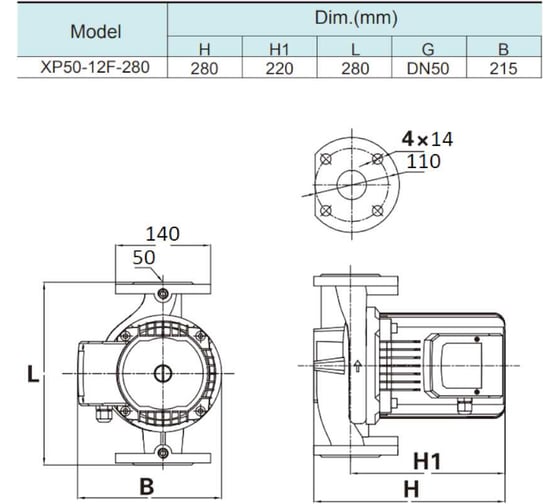 Насос SHIMGE XP 50-12F-280, 0,7 кВт, 220В, 50 Гц, DN50, Чугун, 10 бар, 110 С, 10110100043