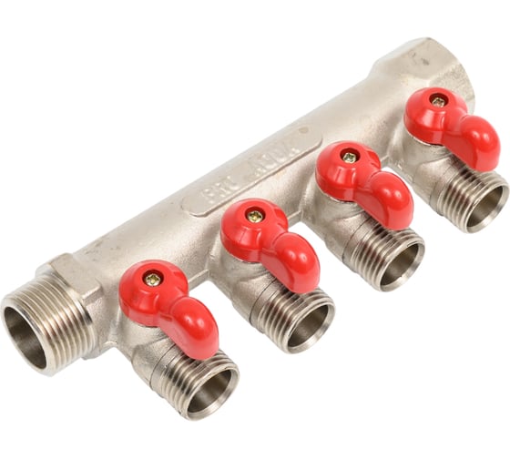 Коллектор с отсекающими кранами (плоскость) PRO AQUA 3/4, 4 х 1/2 V100.04-m20-f20 1