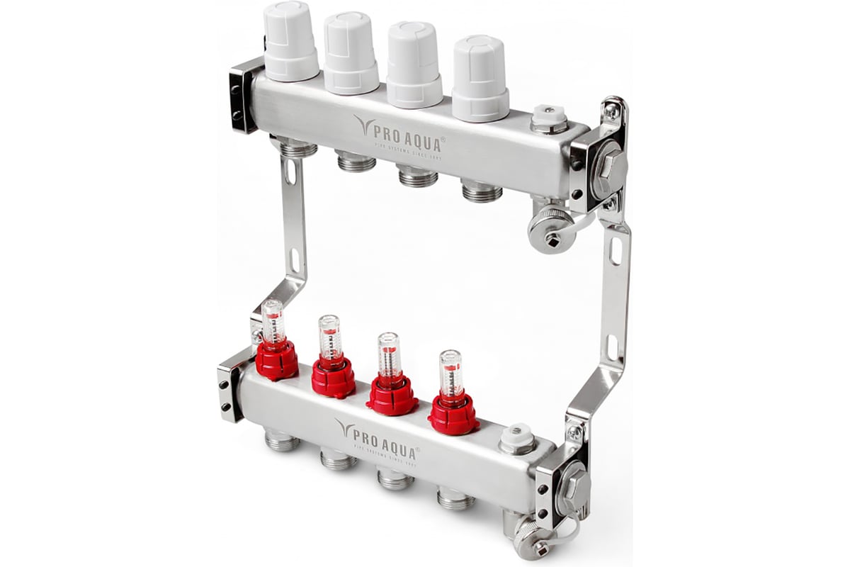 Коллекторный блок с расходомерами PRO AQUA 4 выхода, 280 мм, 1 x 3/4  V500MB.04