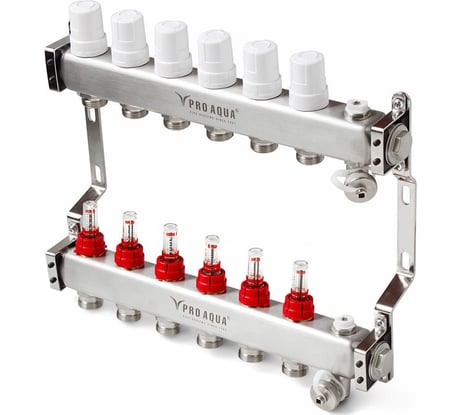 Коллекторный блок с расходомерами PRO AQUA 6 выходов, 380 мм, 1 x 3/4 V500MB.06b