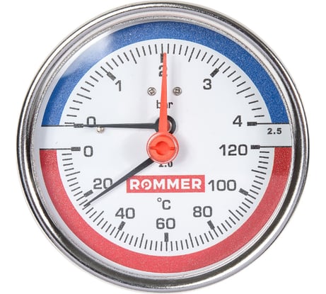 Термоманометр в комплекте с автоматическим запорным клапаном ROMMER аксиальный, корпус dn 80 мм 1/2", 0...120c, 0-4 бар rim-0005-800415 RG00929SFHM17E
