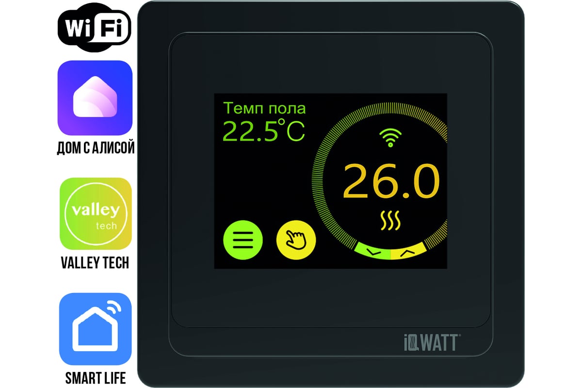 Программируемый терморегулятор с цветным сенсорным tft дисплеем smart heat  wi-fi и голосовым управлением алиса (черный) IQWATT 400111 - выгодная цена,  отзывы, характеристики, фото - купить в Москве и РФ