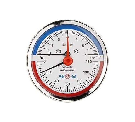Термоманометр Экомера ЭКО-М МД04-80мм 0..6бар, 0..120С, G1/4 с переходником на G1/2, осевой МД04-80-G-6-120-ОИ
