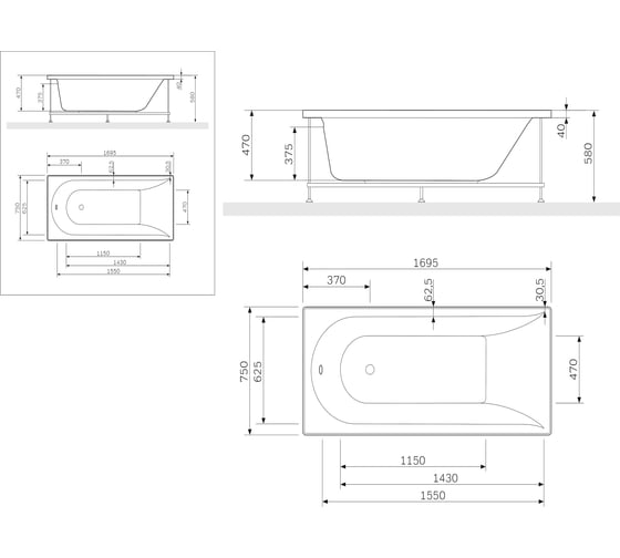 Каркас для ванны AM.PM Inspire 170x75 см W5AA-170-075W-R64
