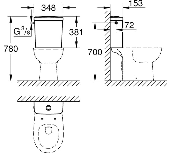 Внешний бачок Grohe Bau Ceramic наполнение сбоку 39437000