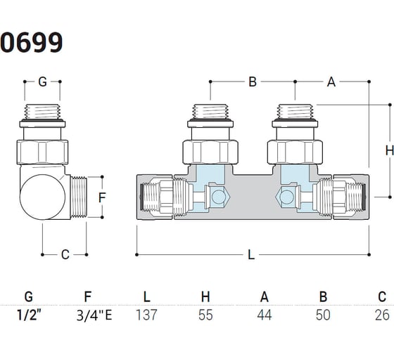 Узел угловой SR Rubinetterie Tondera 50 мм, запорный 1/2"x3/4" Е, цвет золото 0699-1500D0E0