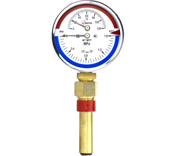 Термоманометр ПО Физтех, АО МПТ 0…120C/0…1,6 МПа кт.2,5 d.80 IP40 G1/2 РШ L64 4687205455475 1