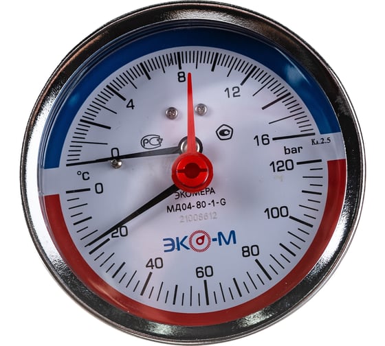 Термоманометр ЭКО-М Экомера МД0 4-80 мм, 0..16 бар, 0..120С, G1\4 с переходником на G1\2, осевой МД04-80-G-16-ОИ