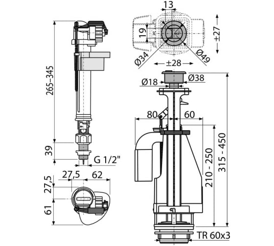 Арматура для бачка Alcadrain набор, 2 режима SA08AS 1/2" CHROM 023-4549