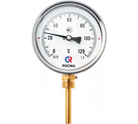 Радиальный термометр РОСМА БТ-52.211 (0-120°C) ДК100, длина погружной части 46мм, резьба G1/2, класс точности 1.5, с защитной латунной гильзой D070-00950 1