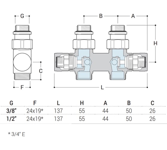 Прямой узел SR Rubinetterie Tondera 50 мм, запорный 1/2"х3/4" Е, черный 0692-1500VCES