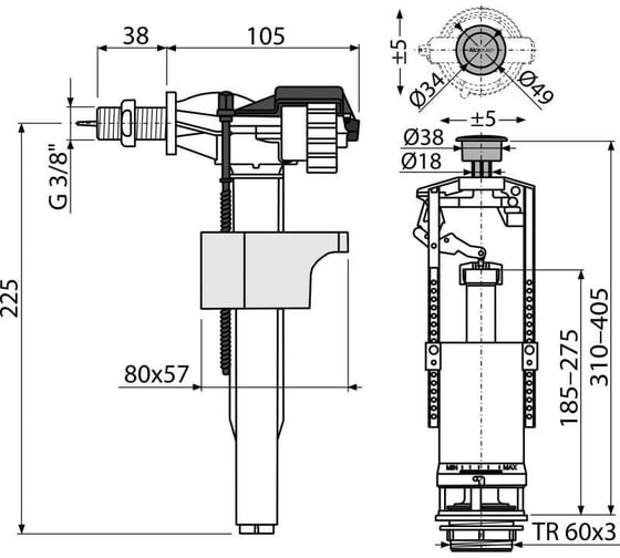 Выпускной комплект одинарный TUCAI 3/8 CHROM впускной механизм А16 1/2 SA2000K 00022606