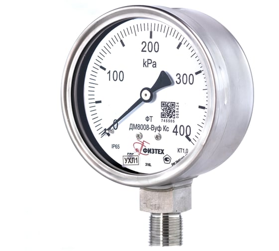 Манометр коррозионностойкий ПО Физтех АО ДМ8008-ВУф Кс 0-400 кПа кт.1,0 d.100 IP65 M20_1,5 РШ SG Б/запол 4687205720788 1