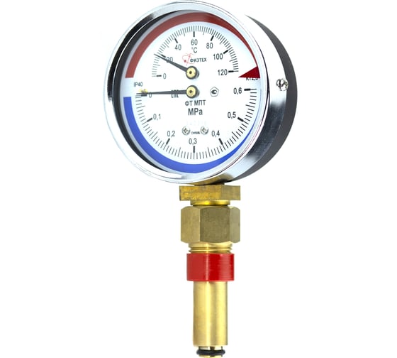 Термоманометр ПО Физтех, АО МПТ 0…120C/0…0,6 МПа кт.2,5 d.100 IP40 G1/2 РШ L46 4687205630827