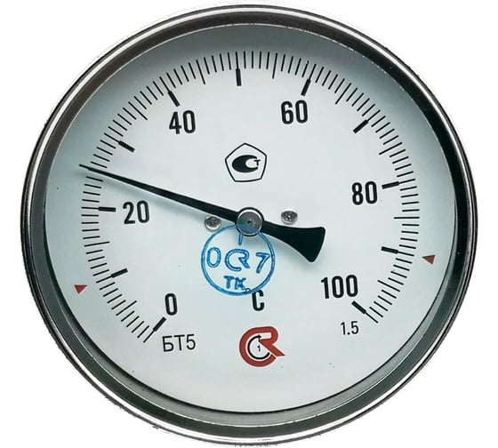Термометр РОСМА БТ-51.211 осевой (0-100C) 1.5, L=64мм, с латунной гильзой, биметаллический D070-02224 1