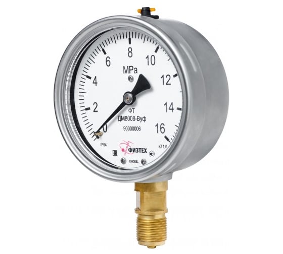 Манометр виброустойчивый ДМ8008-ВУф 0-16 МПа кт.1,0 d.100 IP54 G1/2 РШ, Глицерин Физтех 4687205640154 1