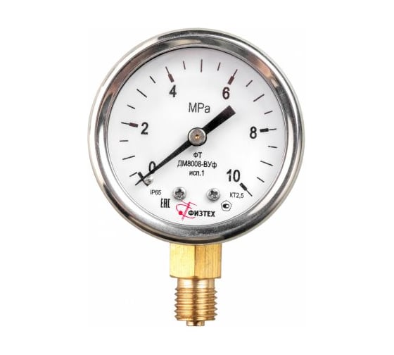 Манометр виброустойчивый Физтех ДМ8008-ВУф 0-100 кПа, кт1.0, d100, IP54 G,1/2 РШ, глицерин 4687205640123 1