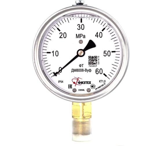 Манометр виброустойчивый Физтех ДМ8008-ВУф 0-60 МПа кт.1,0 d.100 IP54 G1/2 РШ, Глицерин 4687205640420 1