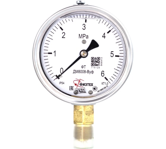 Манометр виброустойчивый Физтех ДМ8008-ВУф 0-6 МПа кт.1,0 d.100 IP54 G1/2 РШ, Без/запол 4687205640383 1