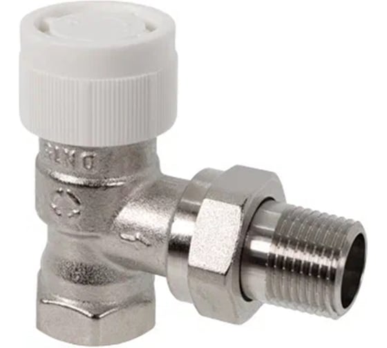 Вентиль OVENTROP AVR 9, термостатический, с преднастройкой, угловой, DN-20, 3/4, 3/4, ВН, латунь никелированная, НГ со штуцером, белый колпачок 118370006 1