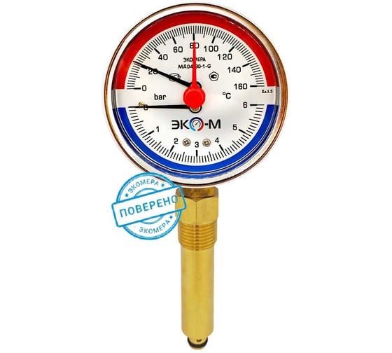 Термоманометр ЭКО-М МД04-80мм 0..6бар 0..160С G1\4 L=60mm с переходником на G1\2
(ТН ВЭД 9026204000) МД04-80-G-6-160-L-60-РИ