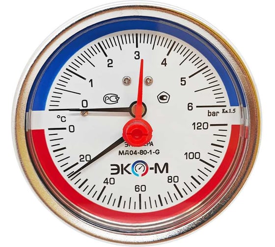 Термоманометр ЭКО-М МД04-80мм 0..6бар 0..120С G1\4 L=60mm с переходником на G1\2 осевой (ТН ВЭД 9026204000) МД04-80-G-6-120-L-60-ОИ 1