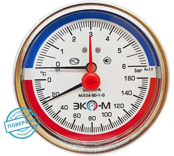 Термоманометр ЭКО-М МД04-80мм 0..6бар 0..160С G1\4 L=60mm с переходником на G1\2 осевой (ТН ВЭД 9026204000) МД04-80-G-6-160-L-60-ОИ