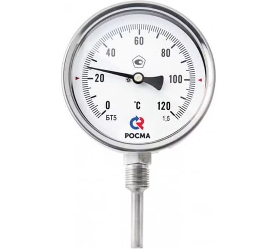 Термометр биметаллический РОСМА БТ-52.220 (-50-100 °С), длина 46 мм, резьба G1/2 1.5, диаметр корпуса 100 мм, радиальный D070-08367 1