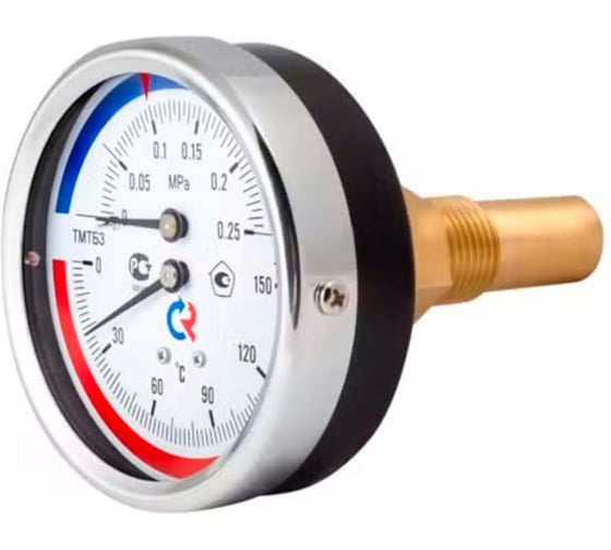 Термоманометр осевой РОСМА ТМТБ-31Т.1 (0-2.5 МПа/до 120 °С), резьба G1/2 2.5, диаметр корпуса 80 мм, длина клапана 46 мм D070-03345