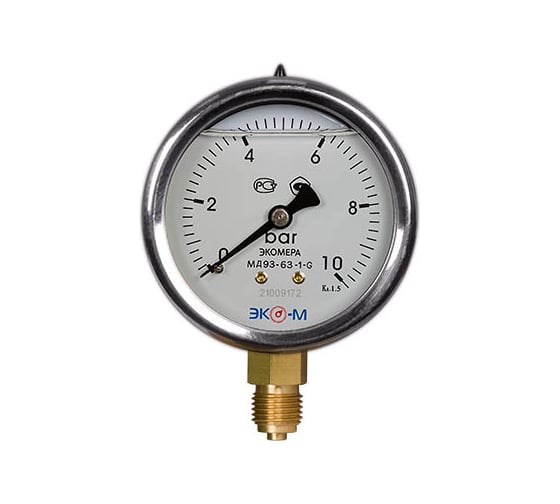 Виброустойчивый манометр ЭКО-М Экомера 63 мм, 0..10 бар, резьба G1\4 IP65, наполнение глицерин МД93-63-G-10 1